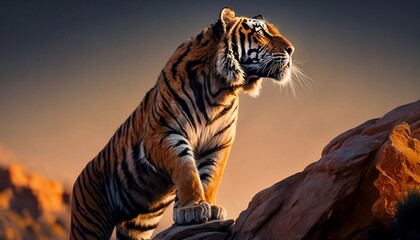 tiger at side view, golden hour