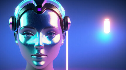 Abstract 3D illustration of holographic human face in space, robotic head made of glossy iridescent material. Artificial intelligence concept. generated with generative ai