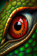 A close up of a green snakes eye. Reptile, lizard, dragon. Generative AI