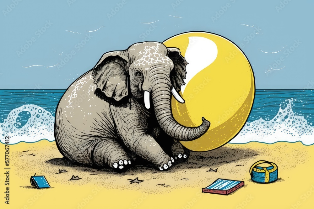 Aufkleber an elephant relaxing on a beach ball. this is an example of. generative ai