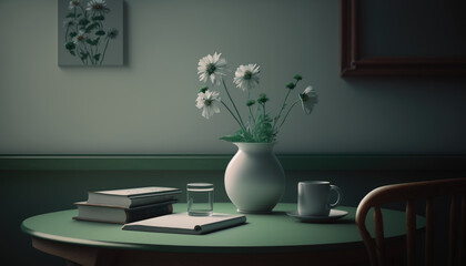 A green vintage cozy interior with a table on which there is a vase with daisies and are books with magazines. A workplace, a place for reading, writing. AI Generative Content