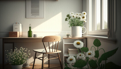 Light kitchen interior with wooden stool and table in beige colors. Decor in the form of margaritas in vases and paintings. Cozy light spring interior. AI Generative Content
