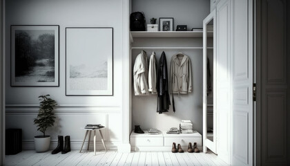 Open white built -in clothing cabinet with clothes on hangers inside. Shelves for storing things in a bright Scandinavian minimalist interior. AI Generative Content