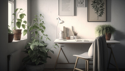 A cozy workplace of a freelancer or student with a white table and a chair in room with plants, lamp and stationery. Remote work and study in the minimalist space of the house. AI Generative Content
