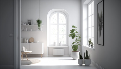 A light spacious hall with a table, a cabinet and shelves for decor and plants. Daylight in a minimalist corridor, Scandinavian style in the interior. AI Generative Content