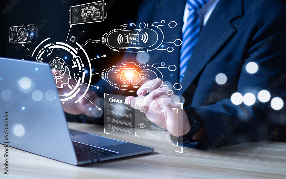 Poster man hand working with modern laptop computer in modern office with virtual icon diagram, man chat wi