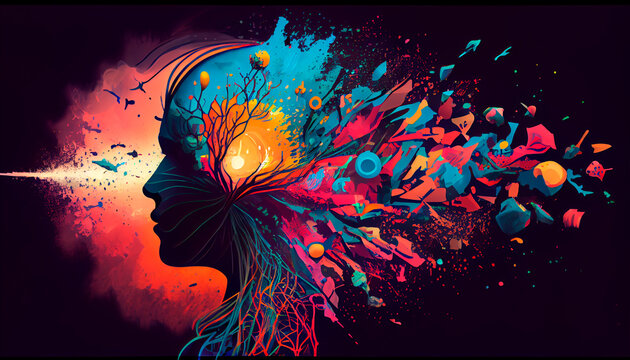 illustration of annual collective mind concept art, exploding mind, inner world, dreams, emotions, imagination and creative mind. Generative AI