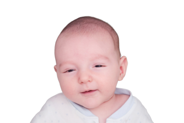 Smiling infant baby boy, isolated on a white background. Happy child. Kid aged two months