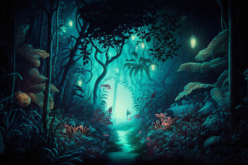 Fototapeta na wymiar Fantasy tropical forest at night, Enchanted forest at night with glowing lights, Generative AI