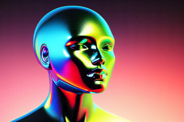 Abstract 3D illustration of holographic human face in space, robotic head made of glossy iridescent material. Artificial intelligence concept. generated with generative ai
