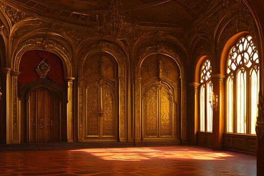 Oil Paint of A realistic fantasy interior of the royal palace. golden red palace. castle interior. Fiction Backdrop. concept art. Generative AI