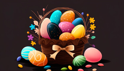 Fototapeta na wymiar A classic woven basket overflowing with beautifully decorated Easter eggs, tempting chocolates - ai generated.