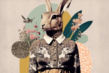 Easter creative retro, contemporary abstract pop art collage style of colorful, vivid eggs, rabbit and spring elements and traditional symbols background. Generative AI.