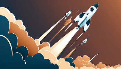 Rocket start up - The rocketship blasts off into the blue sky, a symbol of a successful startup - ai generated.