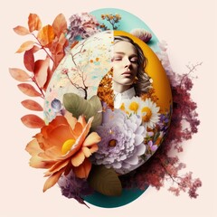 Spring creative retro, contemporary abstract pop art collage style of colorful, vivid fresh flowers and woman portrait, elements and traditional symbols background. Generative AI.
