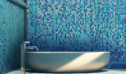  a bath tub sitting next to a blue tiled bathroom wall.  generative ai
