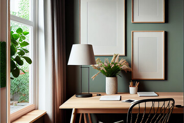 Mock up Wall Framed Photo Mockup, Wood Coastal Frame and Chairs, AI Generated