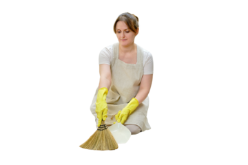 A woman sweeps the floor with a broom when cleaning the home kitchen, isolated on a white background