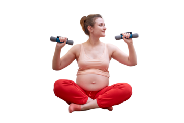 Pregnant woman is engaged in strength training with dumbbells in the home, isolated on a white background
