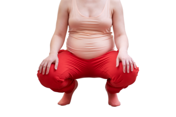 Pregnant woman exercises at home and does squats in the kitchen, isolated on a white background