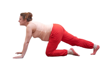 Fitness at home during pregnancy with body training on the floor, isolated on a white background. Pregnant woman at a sports training session in the kitchen