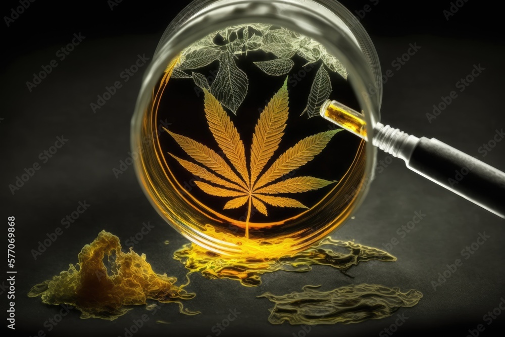 Poster image of dried cannabis in a glass jar, up close. a chemist using a tweezer to collect specimens for