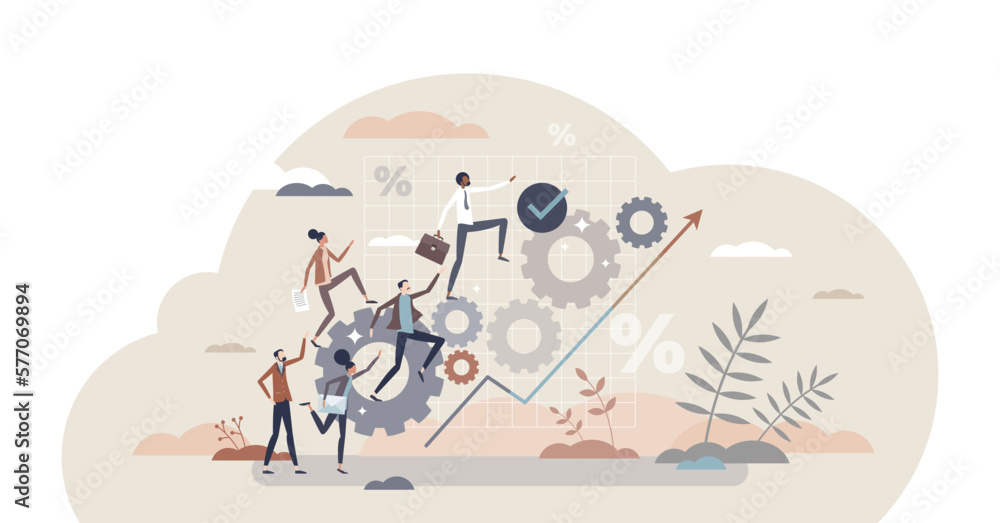 Poster productive business development with effective team tiny person concept, transparent background. com