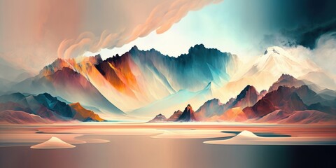 Abstract vivid colors landscape of desert mountains, dunes and sand. Colorful bright colors. Generative AI.