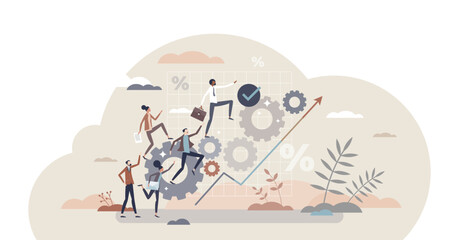 Productive business development with effective team tiny person concept, transparent background. Company process optimization for high work efficiency and successful growth illustration.