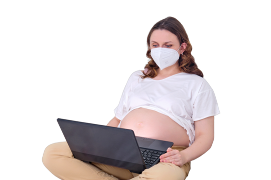 Pregnant woman at home bed with laptop and face mask n95 ffp2, isolated on a white background - Powered by Adobe