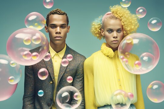 Vintage love portrait of young couple in love, man and woman standing and posing in iridescent transparent soap bubbles. Generative AI.