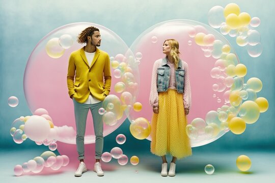Vintage love portrait of young couple in love, man and woman standing and posing in iridescent transparent soap bubbles. Generative AI.