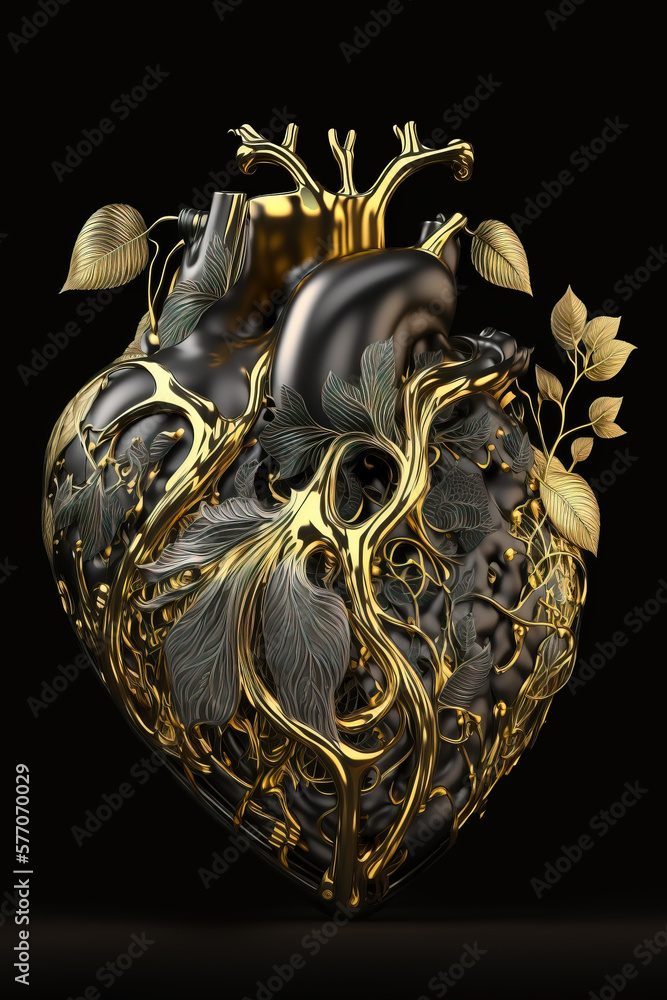 Wall mural Black chrome stylized human heart decorated with golden flowers. Illustration of a dark heart with an aorta adorned with carved ornate gold flowers. Black background. Generative Ai.