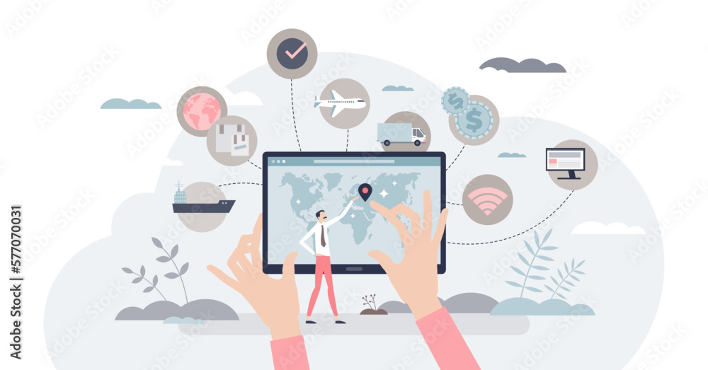 Aufkleber supply chain technology to manage logistic process online tiny person concept, transparent backgroun