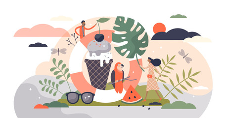 Summer illustration, transparent background. Hot season symbols flat tiny persons concept. Abstract vintage style elements associatively with warm weather time of year. Ice cream, sunglasses.