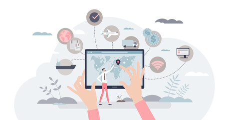 Supply chain technology to manage logistic process online tiny person concept, transparent background. Modern SCM system control and management using digital solutions illustration.
