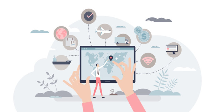 Supply chain technology to manage logistic process online tiny person concept, transparent background. Modern SCM system control and management using digital solutions illustration.