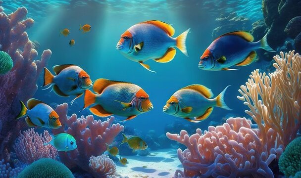  a painting of a group of fish swimming in the ocean.  generative ai