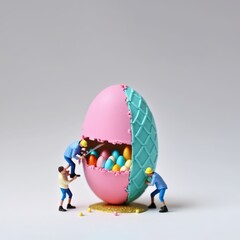 Funny abstract creative concept, builders, workers building a huge pastel Easter egg. A large colorful egg statue. Generative AI.
