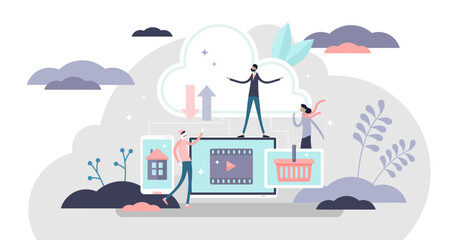 Cloud computing concept, flat tiny person illustration, transparent background. On demand data storage database and server work power. Modern online infrastructure system. E-commerce, smart home.