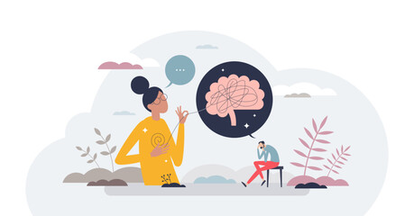 Obraz premium Counseling psychology and psychotherapy mind session tiny person concept, transparent background. Mental care and medical help to solve bad mood, feeling or personality problems illustration.