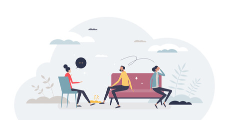 Couples therapy with therapist marriage problem session tiny person concept, transparent background. Psychological mental support and help from professional specialist illustration.