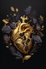 Illustration of golden human heart decorated with dark flowers. A stylized golden human heart embellished with rich and intricate dark flowers. Generative Ai.