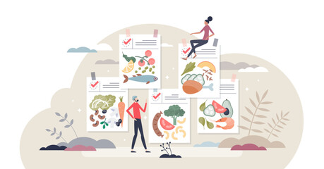 Diet plans and eating control with ingredients program tiny person concept, transparent background. Dieting planning with nutrition schedule and preplanned regime list illustration.