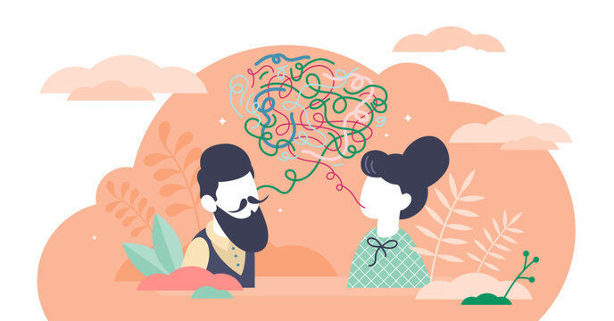 Conversation clutter concept, flat tiny person illustration, transparent background. Stylized speech bubble with a thought jumble. A couple having discussion dialogue. Colorful creative chat scene.