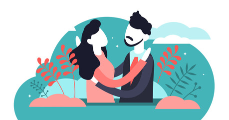 Hug illustration, transparent background. Flat tiny warm greeting process persons concept. Couple relationship, trust and friendship acknowledgment symbol. Romantic partners hugging each other.