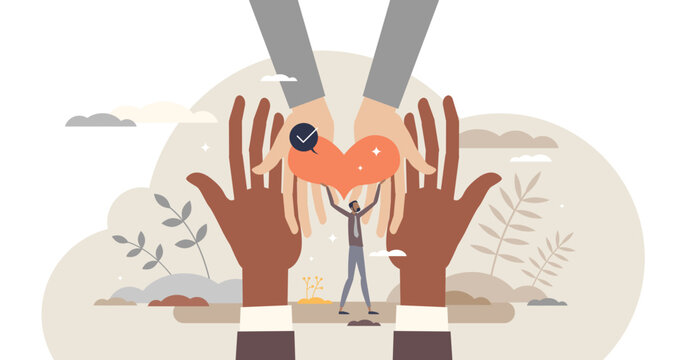 Hope and support with giving heart for sharing and caring tiny person concept, transparent background. Community love and support with safety, donation or social awareness illustration.