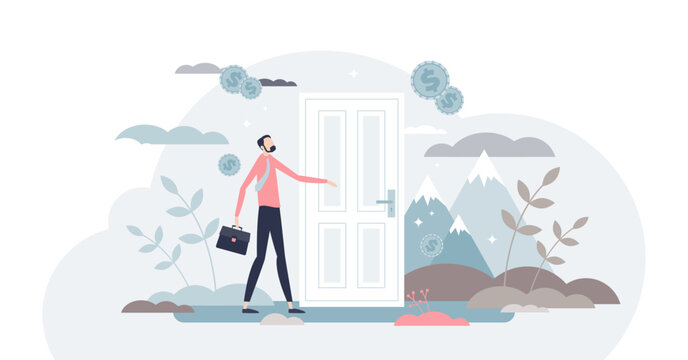 Opportunity doors as open new business challenge or hope tiny person concept, transparent background.Career path entrance with life changing decision for businessman illustration.