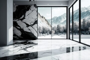 High end facilities with stunning scenery, Large windows let natural light flood into the area, which is decorated with black tile on the floor and white marble on the walls. Generative AI