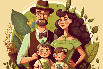 Naklejka premium A Green Illustration of a Sustainable Family Living a Happy Life. Generative AI
